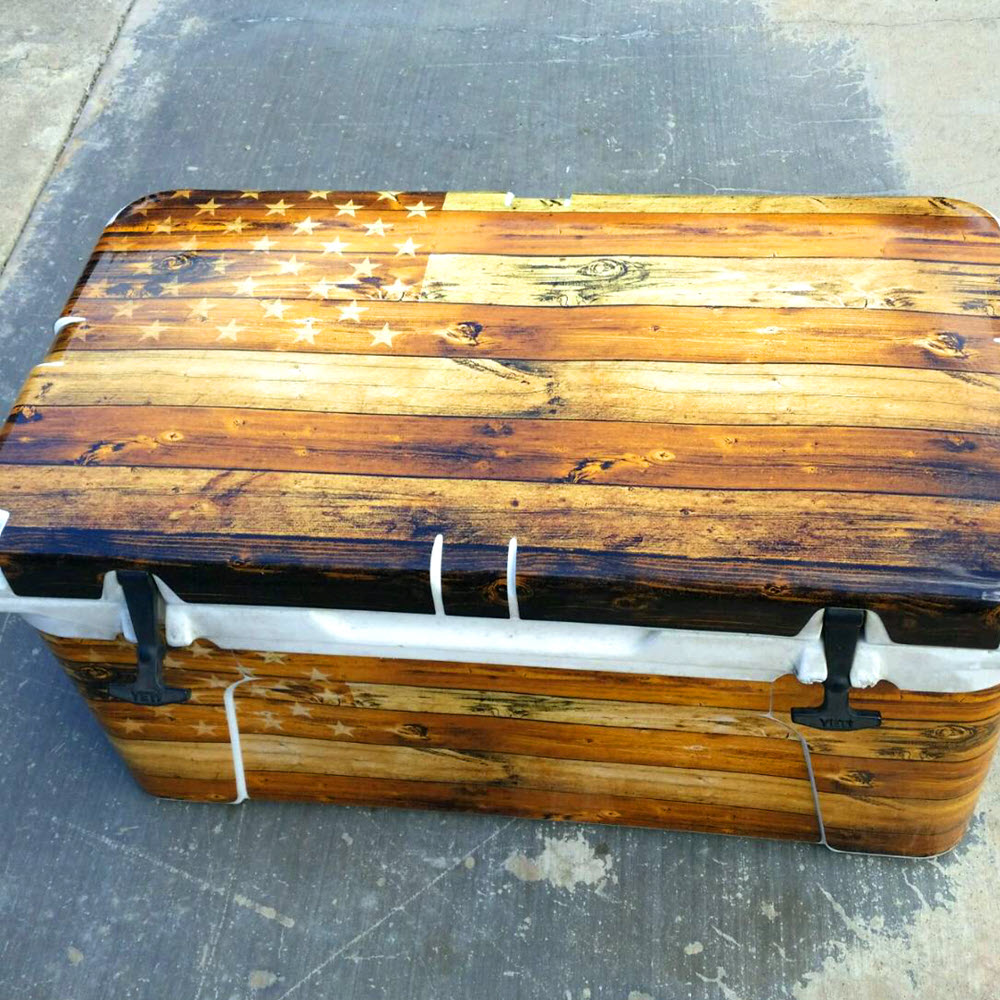 USATuff Vinyl Cooler Wrap Skin for YETI Coolers - USA Flag Wood